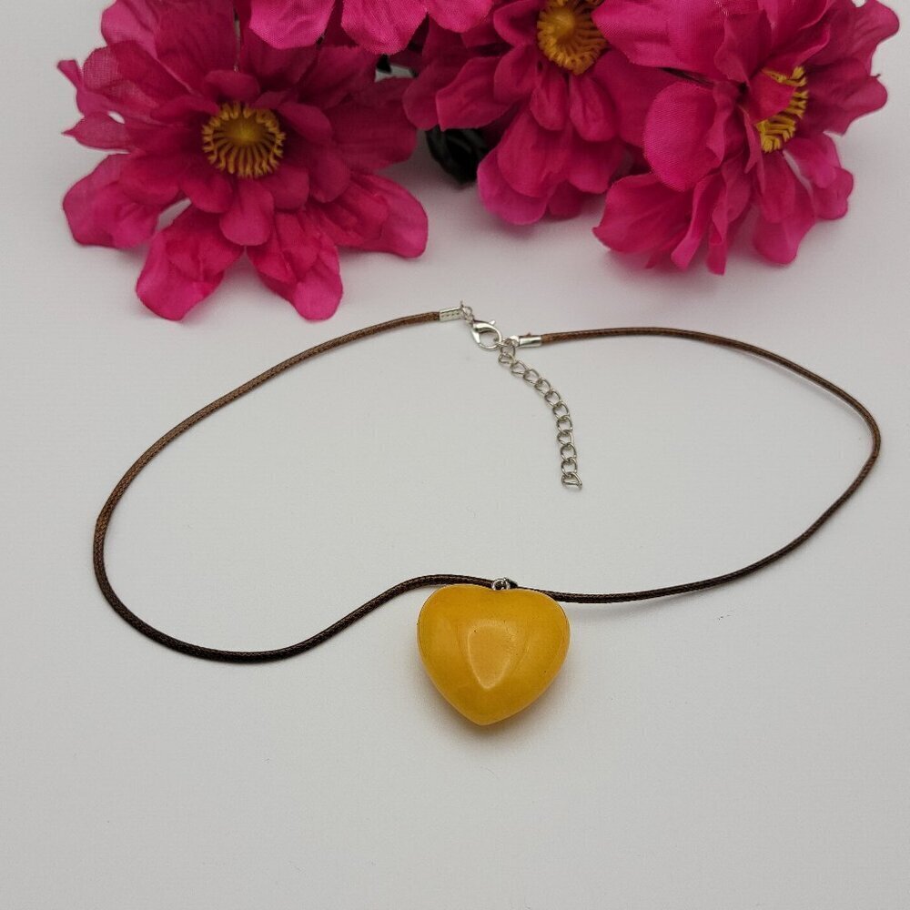 Vintage Large Yellow Jade HEART Pendant Cord Necklace 19 Inch Adjustable BOHO